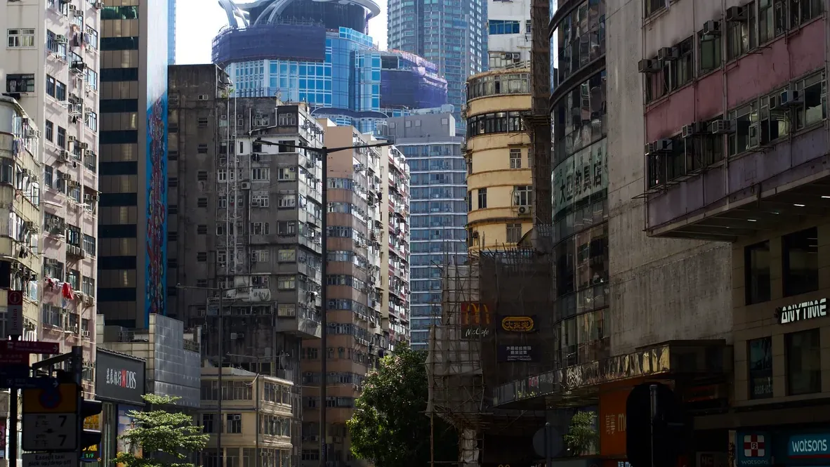 Street shot of old buildngs in Hong Kong